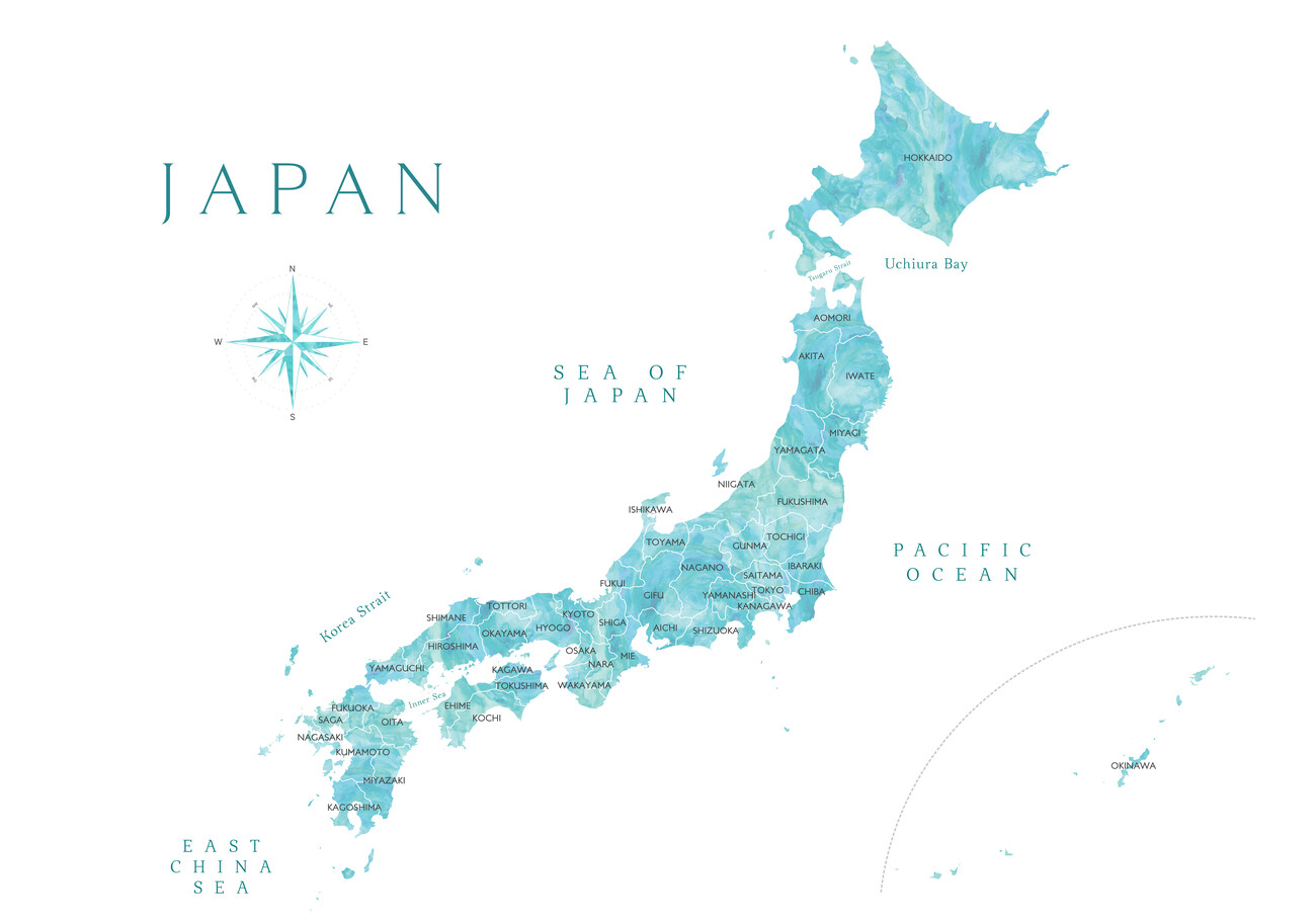 Kartta Map of Japan in aquamarine watercolor ǀ Kaikki kaupunkikartat ja  maailmankartat seinälle