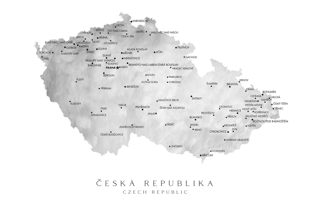 Mapa Česká republika (gray watercolor) ǀ Mapy všech měst a států