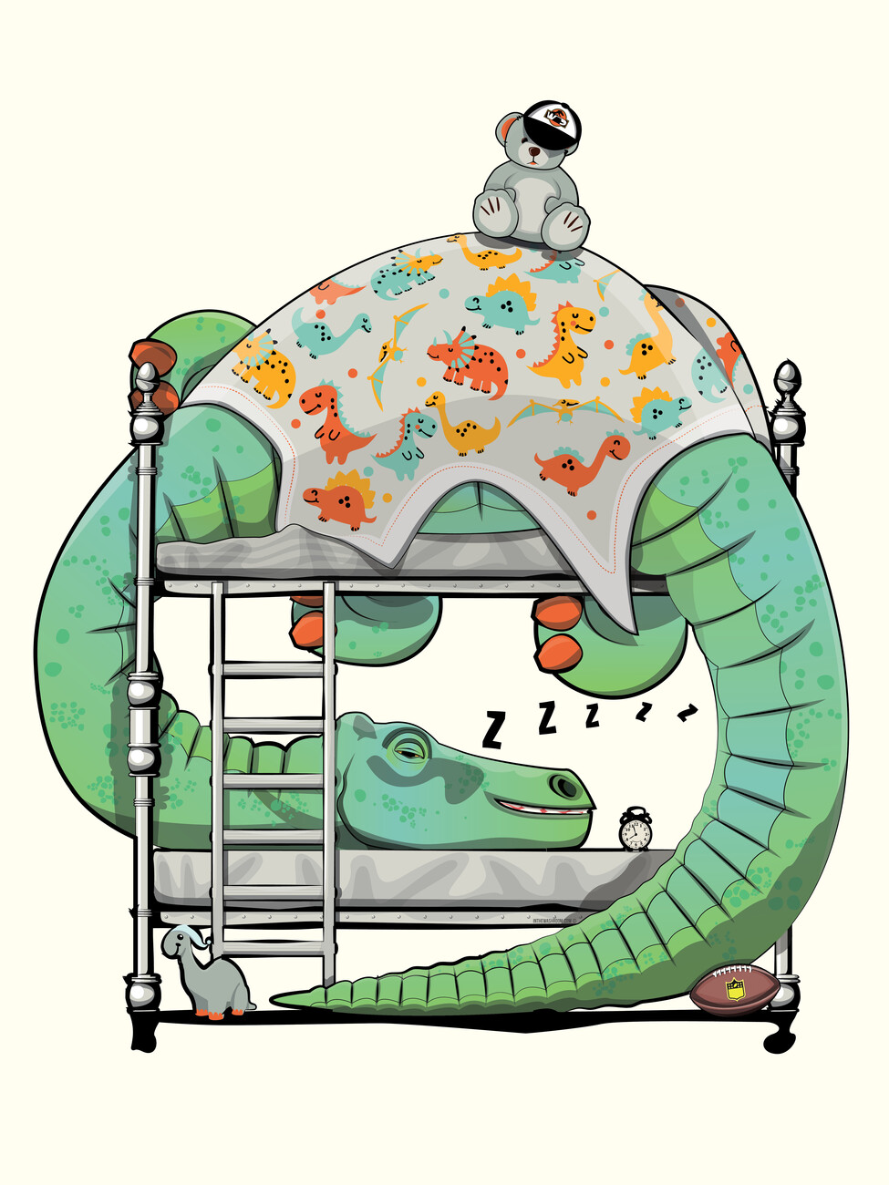 Illustration Diplodocus dinosaur sleeping in bed
