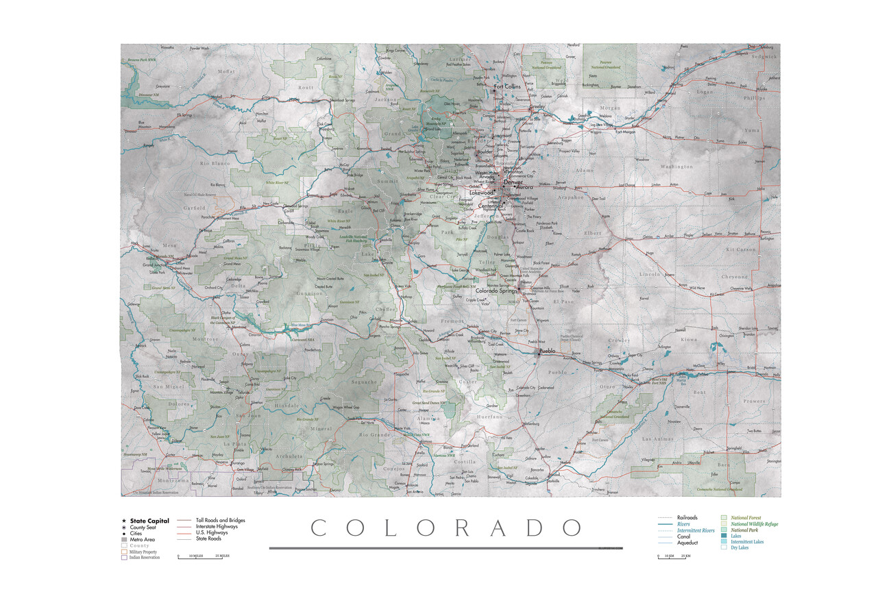 Kartta Colorado USA detailed state map ǀ Kaikki kaupunkikartat ja  maailmankartat seinälle