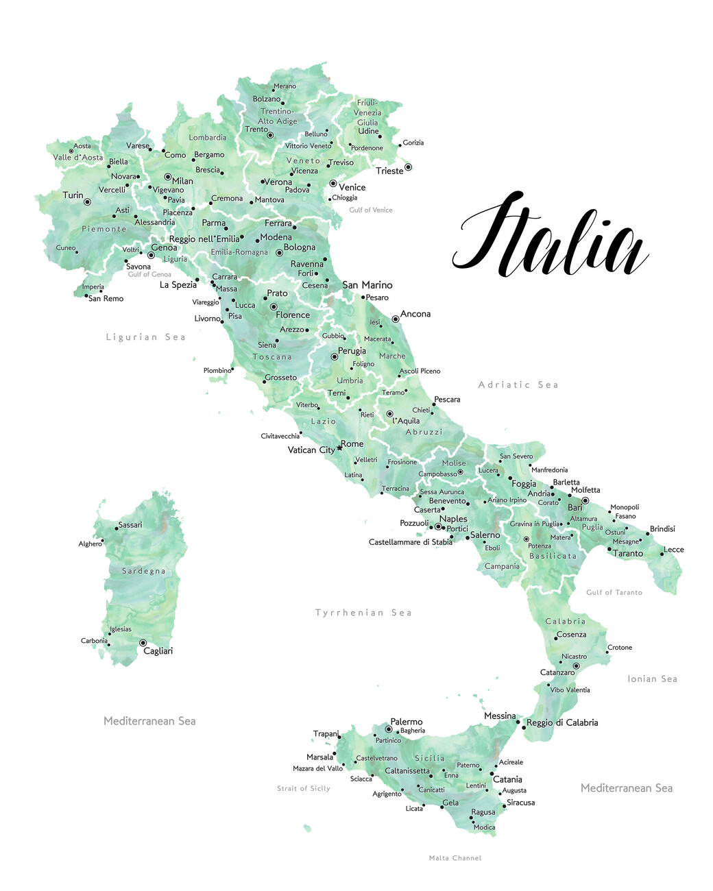 Cartina di Sage watercolor map of Italy ǀ Cartine di città e mappe del  mondo da appendere