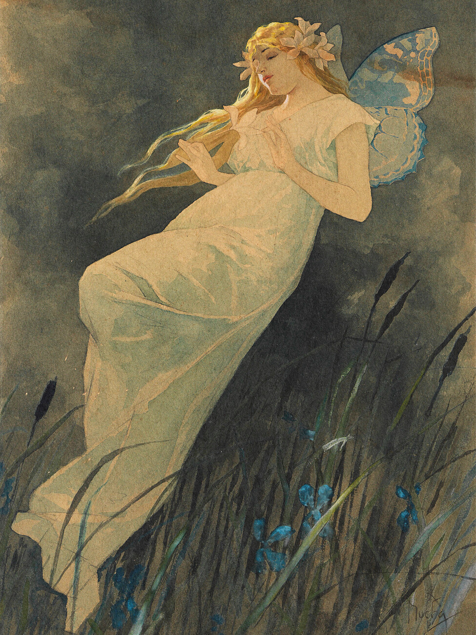 Obrazová reprodukce The Elf in the Iris Blossoms (Vintage Art Nouveau) - Alfons Mucha, (30 x 40 cm)