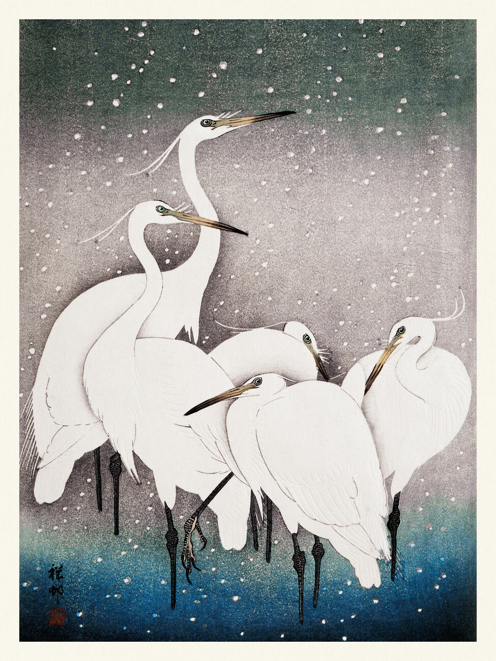 Obrazová reprodukce Group of Egrets (Japandi Vintage) - Ohara Koson, (30 x 40 cm)