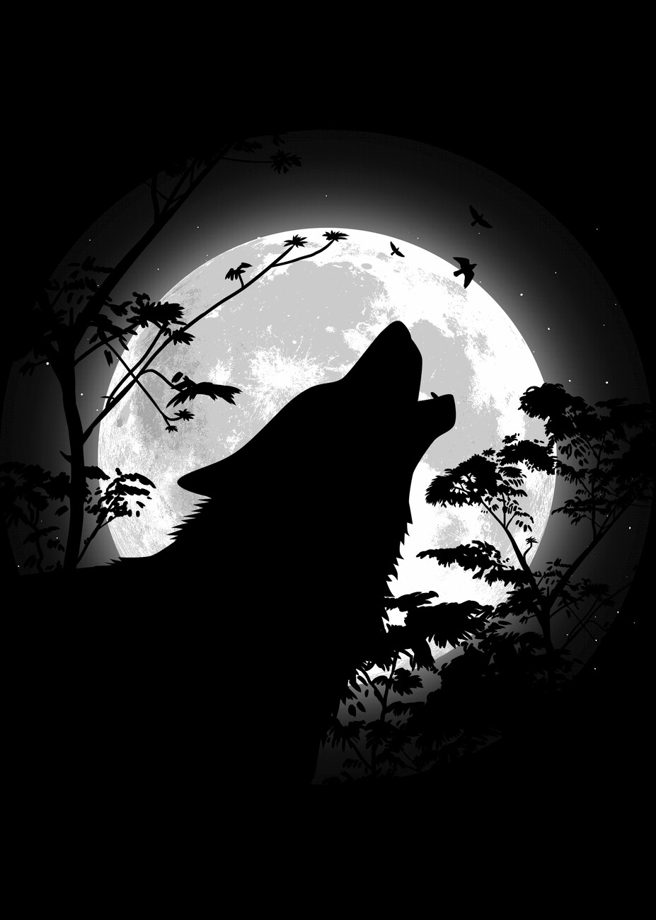 wolf howling at full moon drawing