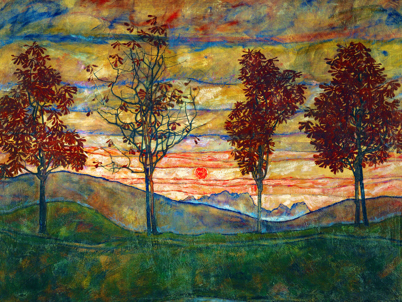 Obrazová reprodukce Four Trees (Vintage Landscape) - Egon Schiele, (40 x 30 cm)