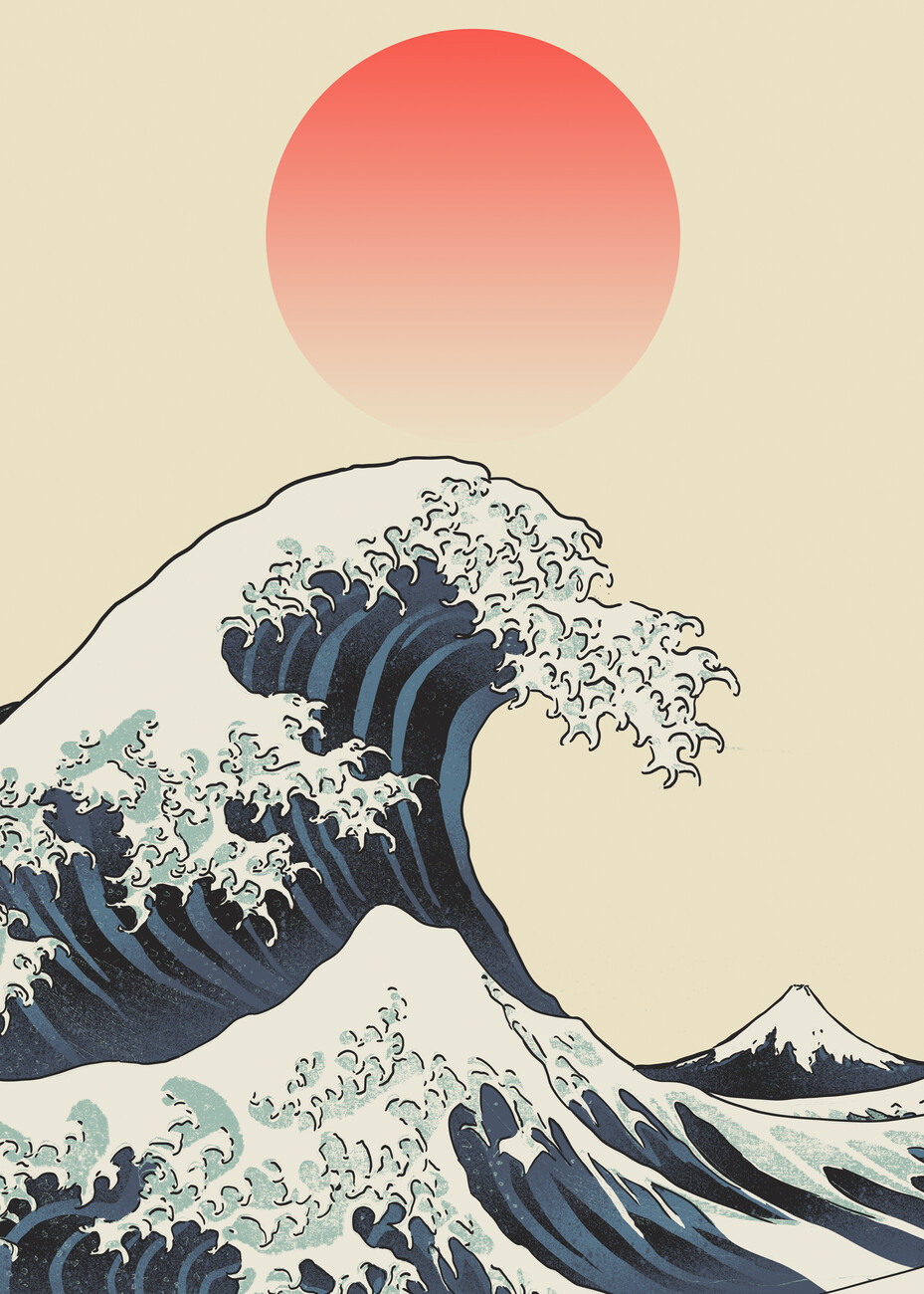 Illustration The great Wave under the red sun