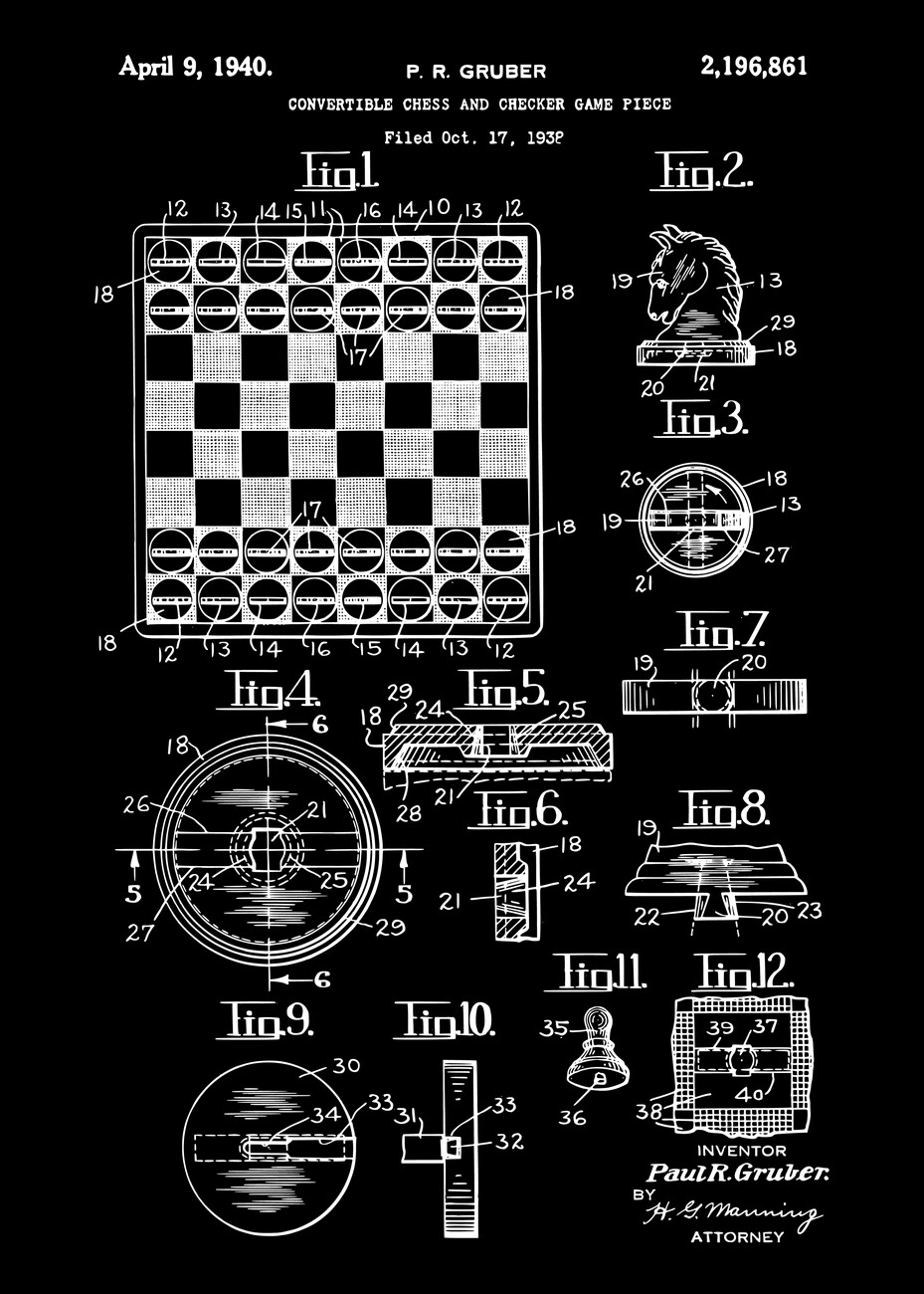 Chess King And Pieces Old Vintage Patent Drawing Print Serving