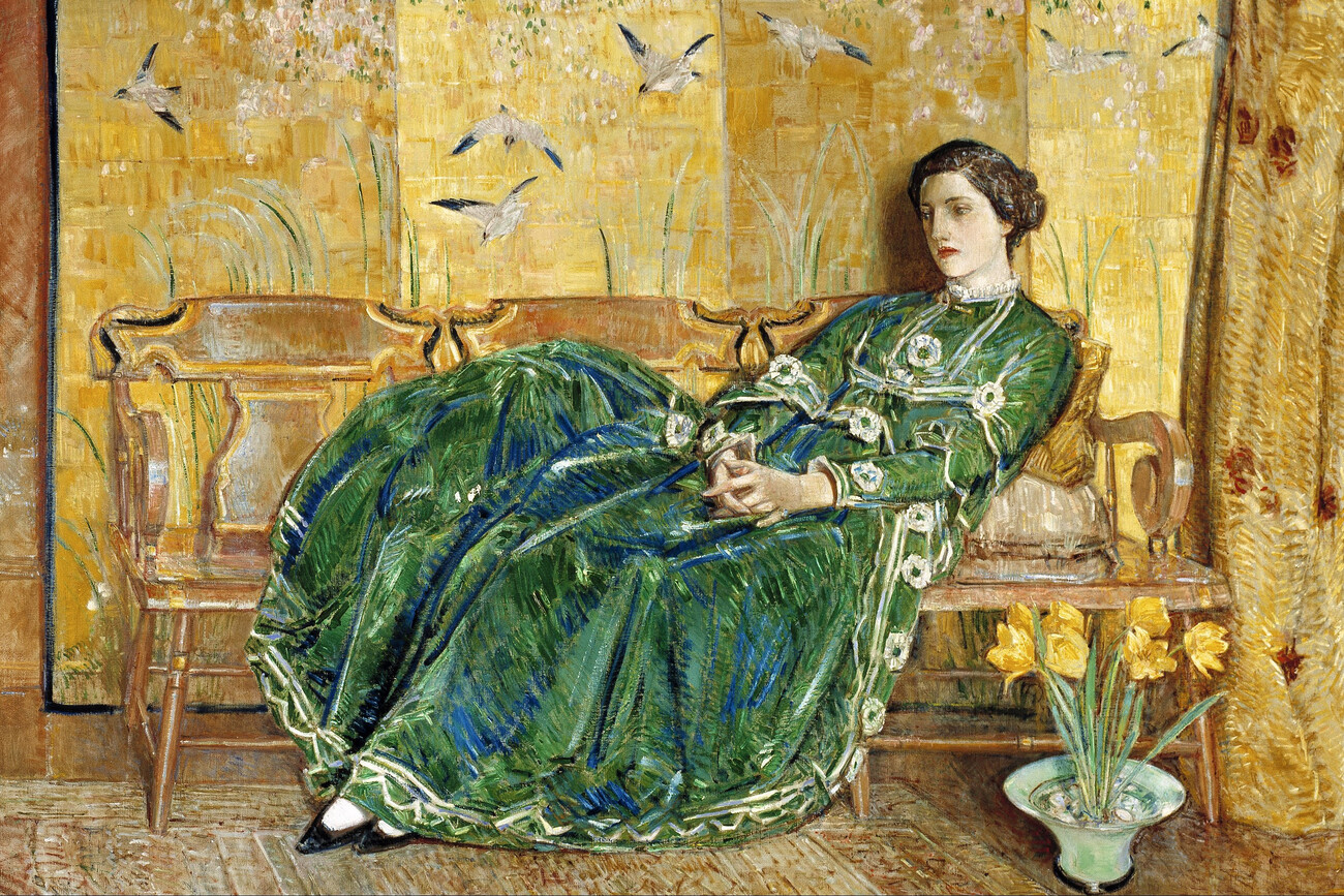 Illustration April (The Green Gown) Vintage Female Portrait of a Girl in an Emerald Green Dress- Frederick Childe Hassam