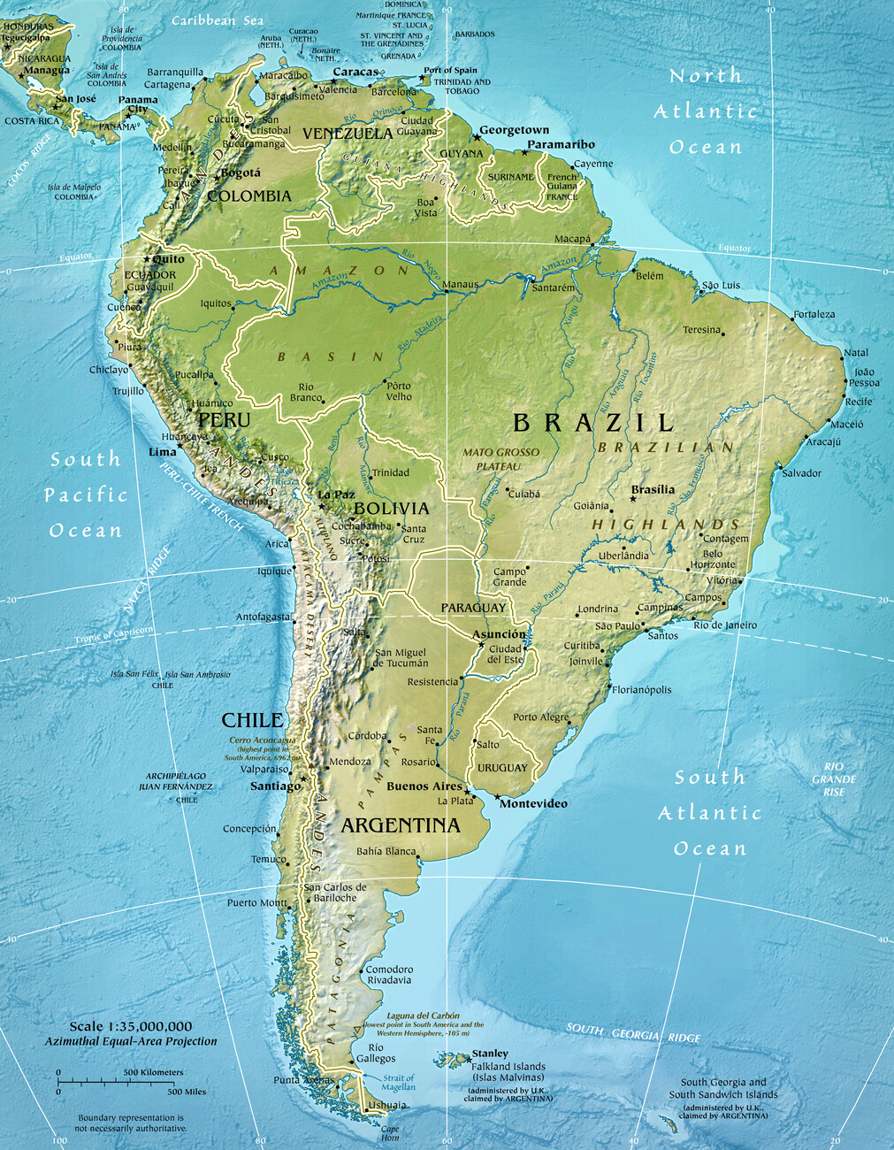 Kartta South America Physical Map ǀ Kaikki kaupunkikartat ja maailmankartat  seinälle