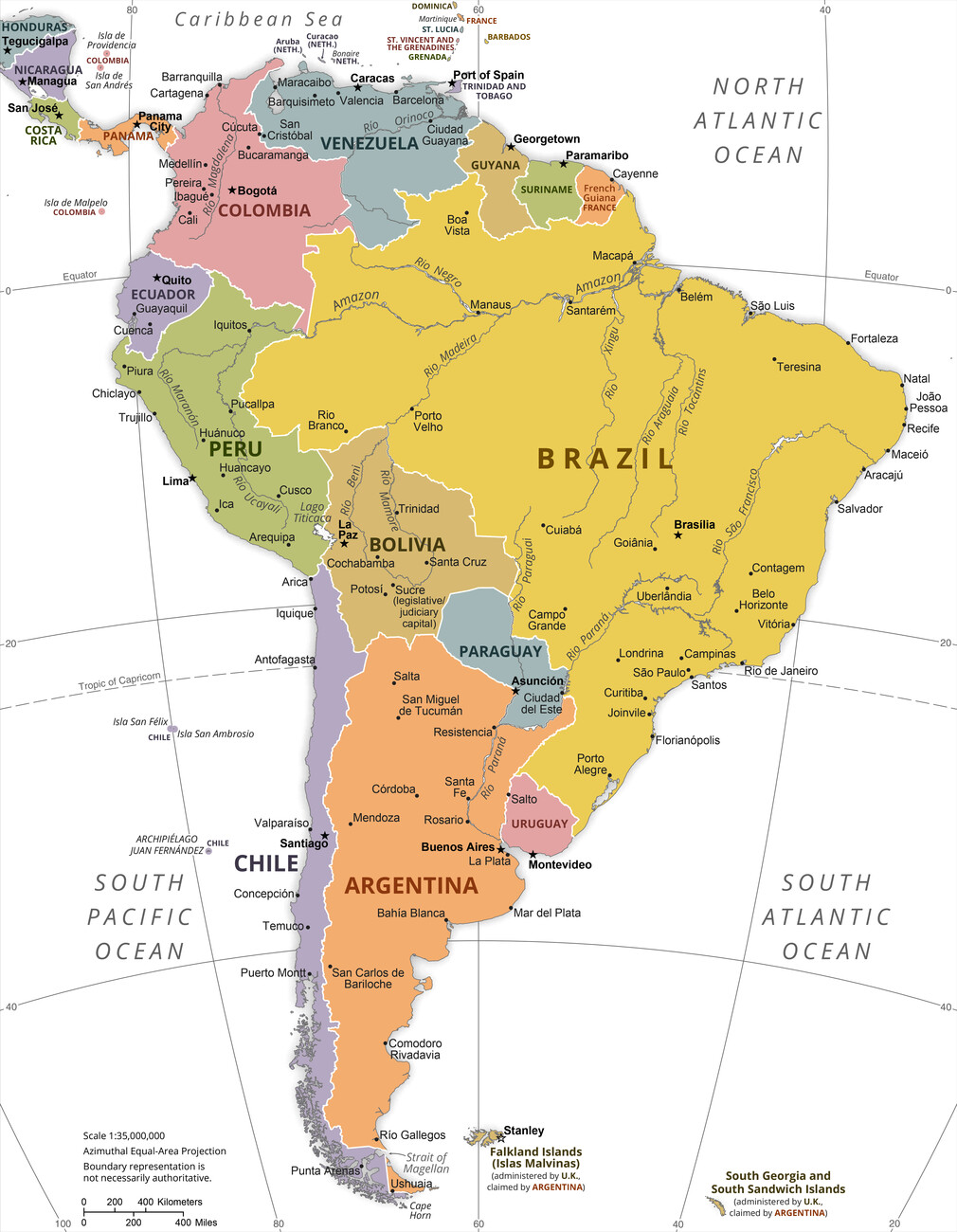 Kartta South America Political Map ǀ Kaikki kaupunkikartat ja  maailmankartat seinälle