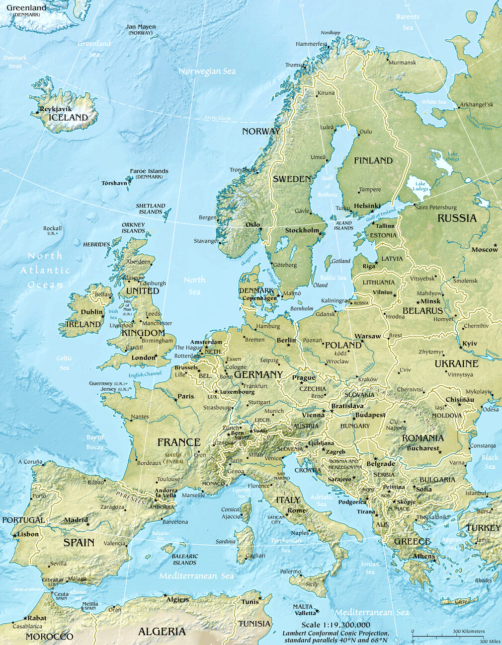 physical map of europe seas