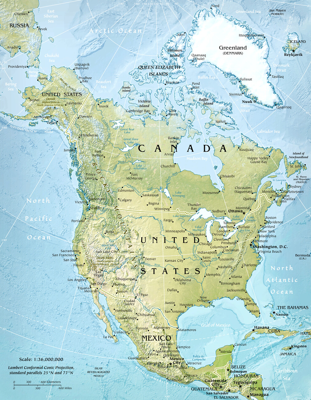 Kartta Physical North America Map ǀ Kaikki kaupunkikartat ja maailmankartat  seinälle