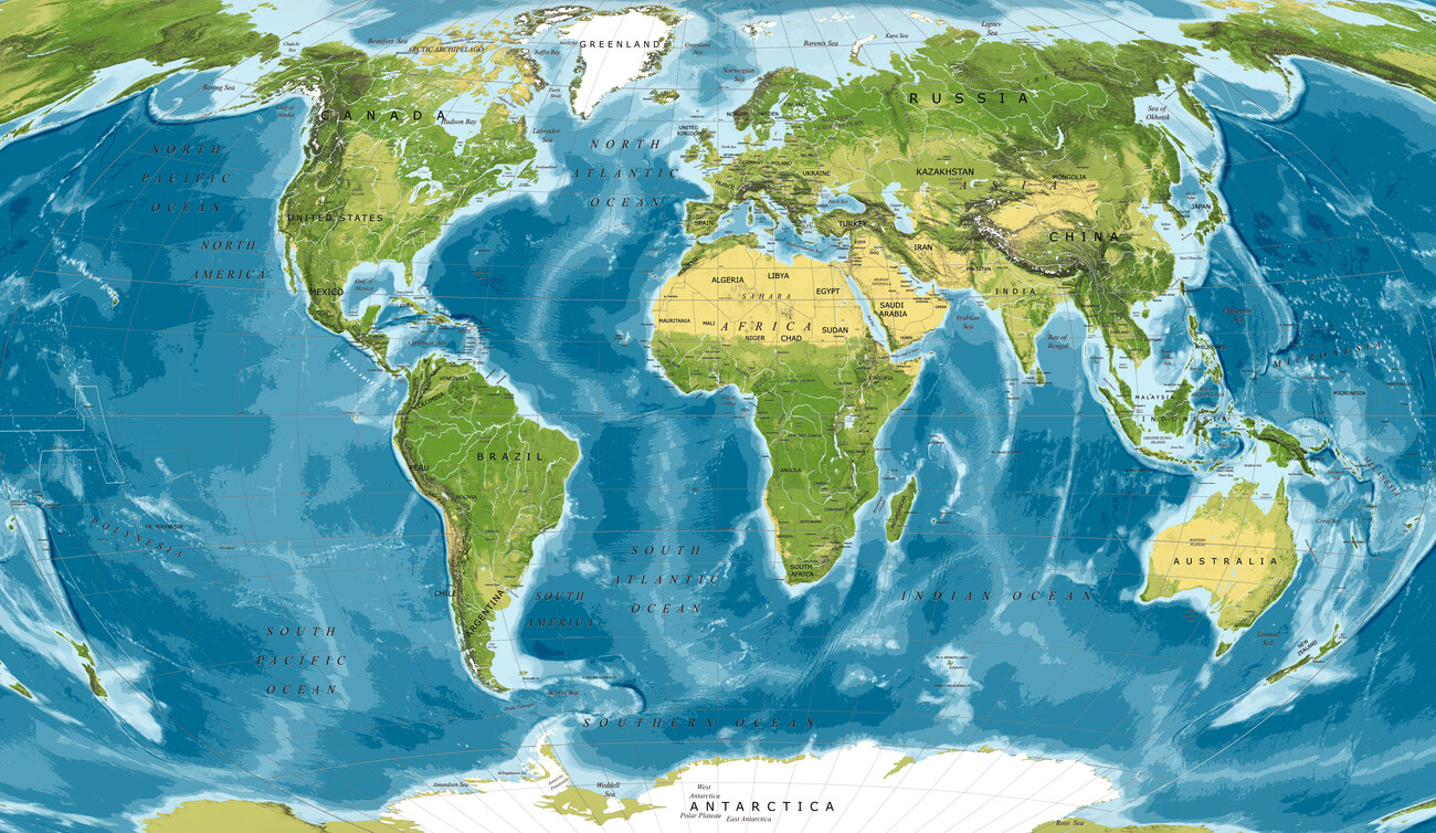 Kartta Detailed physical world map Winkel-Tripel projection ǀ Kaikki  kaupunkikartat ja maailmankartat seinälle