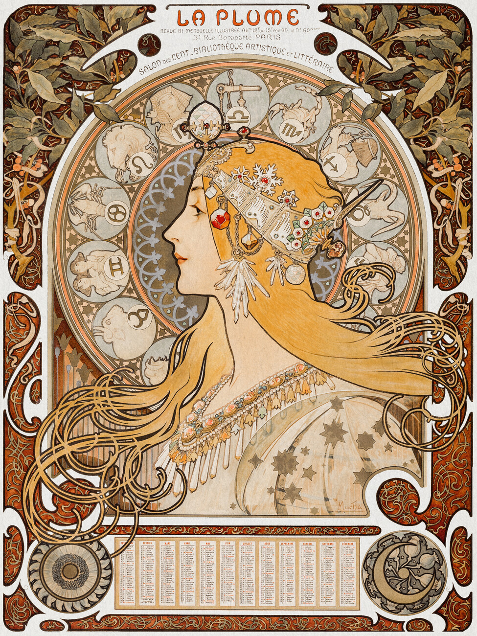 La Plume Female Portrait Vintage Art Nouveau Lady in Gold