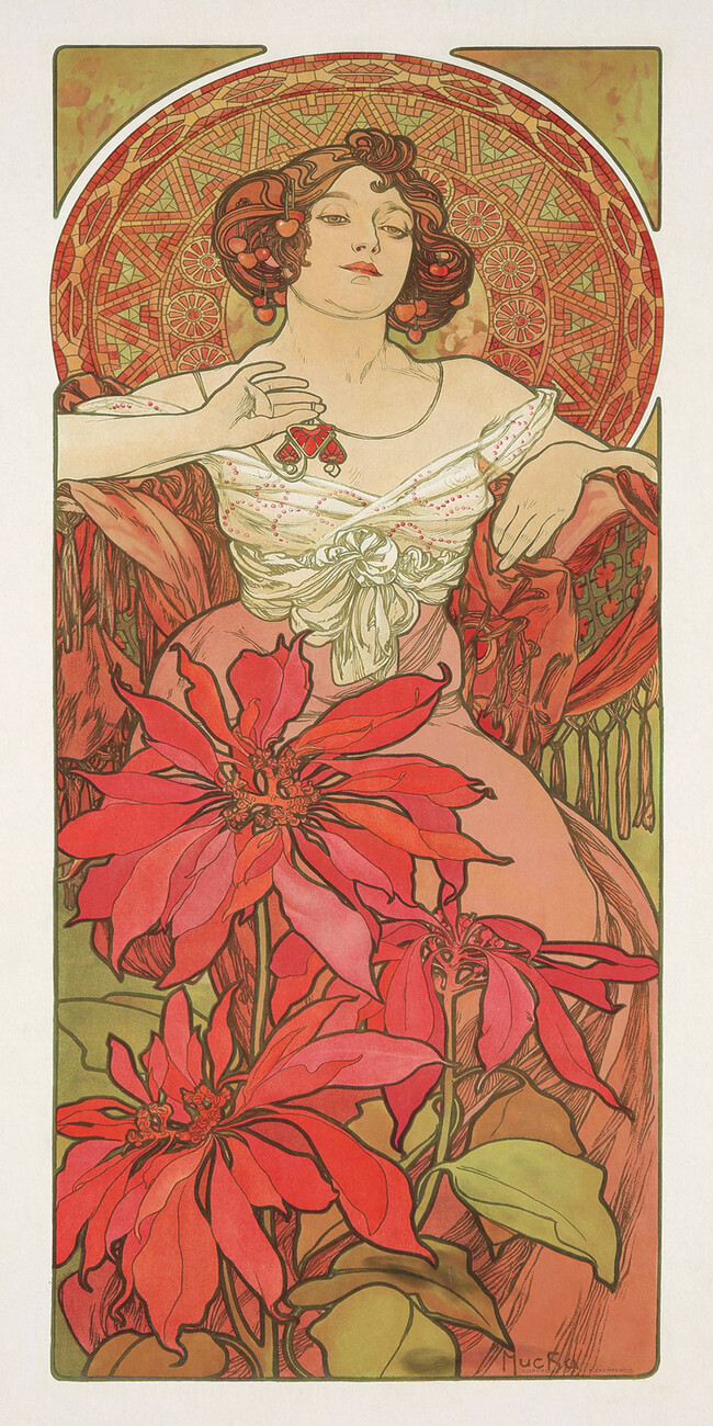 Obrazová reprodukce Ruby from The Precious Stones Series (Beautiful Distressed Art Nouveau Lady) - Alphonse / Alfons Mucha, (20 x 40 cm)