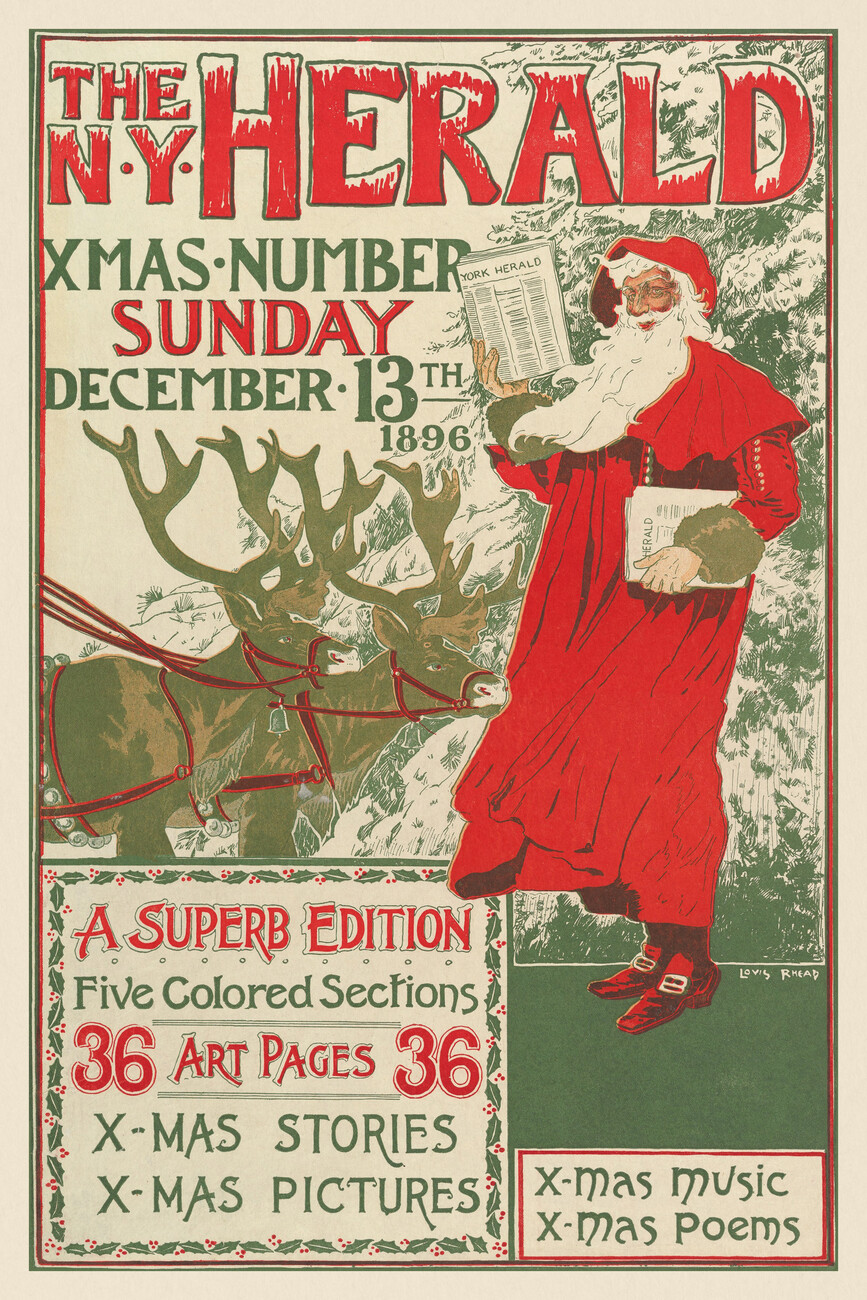 Obrazová reprodukce The New York Herald, Christmas Number 1896 (Festive Vintage Xmas Poster ft. Santa) - Louis Rhead
