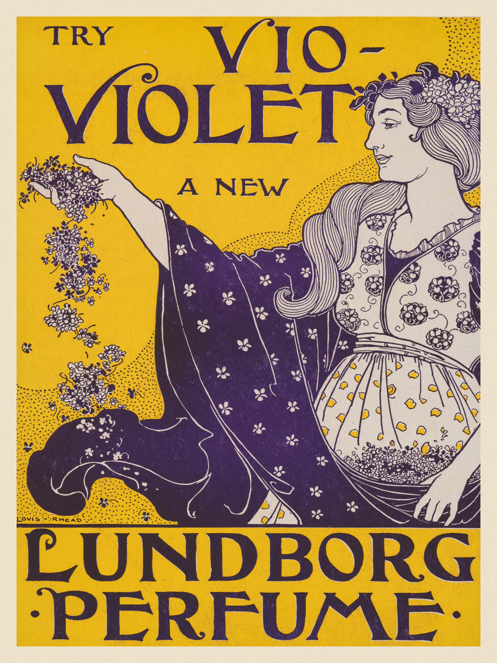 Sticker Try Vio-Violet, A New Lundborg Perfmue (Retro Perfume Ad in Purple & Yellow) - Lous Rhead