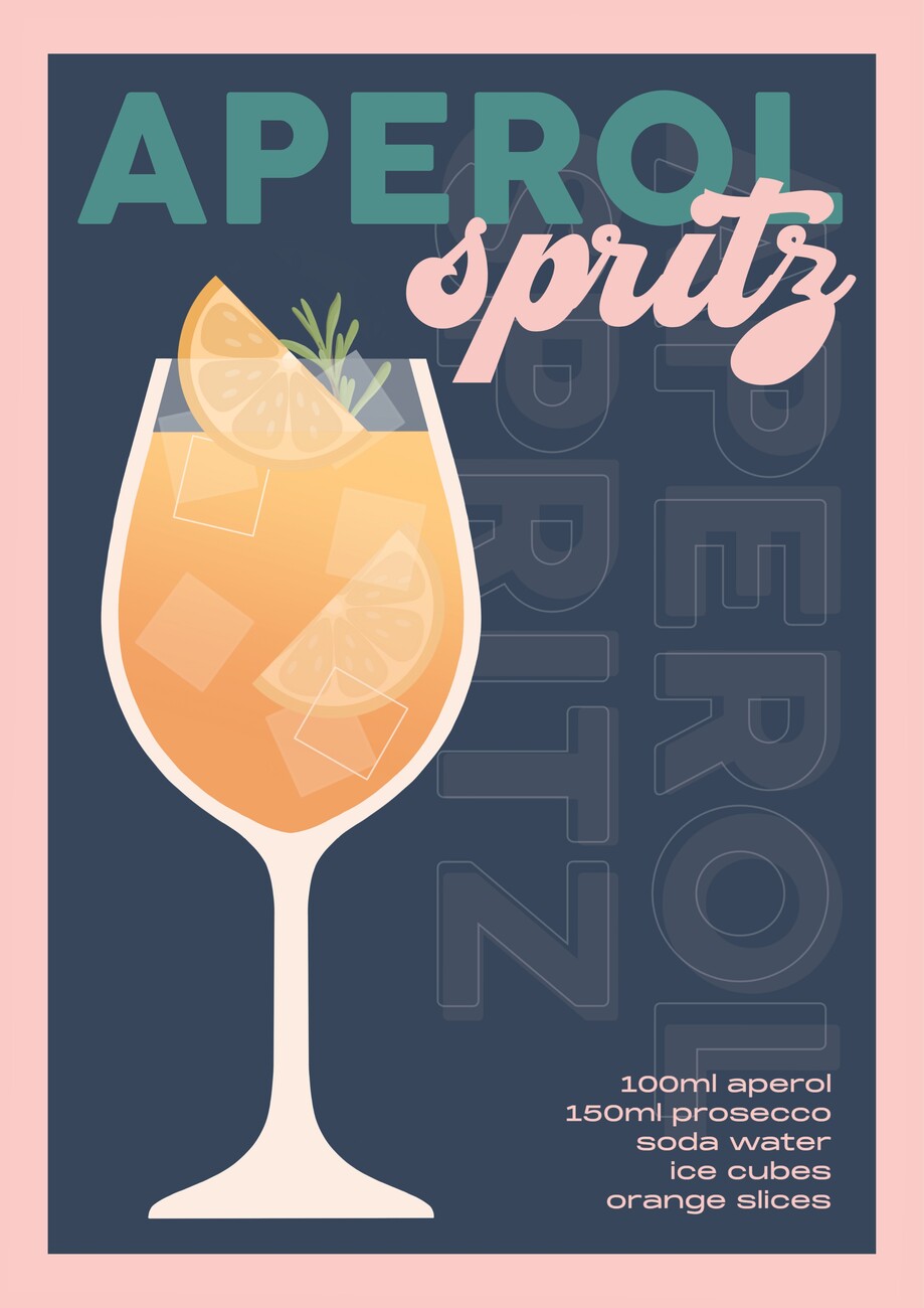 Wall Art Print, Aperol Spritz Cocktail Print - Navy/Pink/Teal