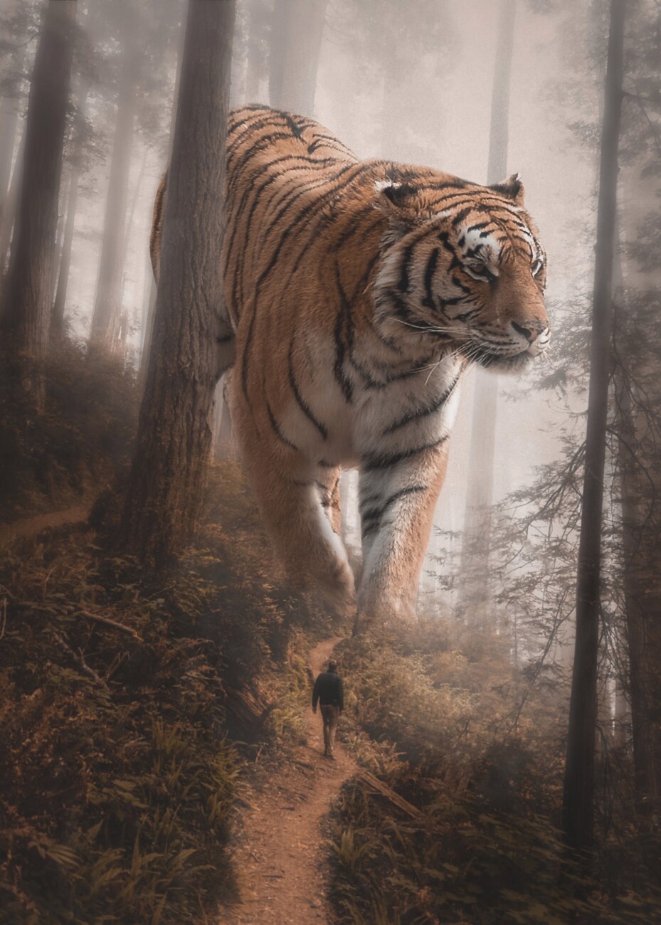 Art Poster Giant Tiger in Forest autumnal colours