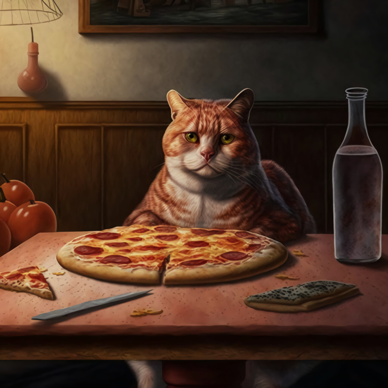 cat eating pizza