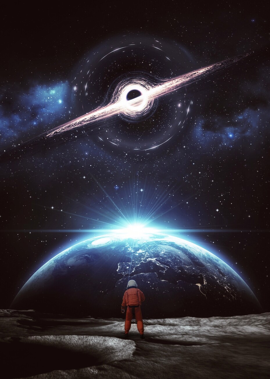 Poster, Bilde Astronaut on Moon Earth View and Black Hole in Space |  Merchandise | Europosters