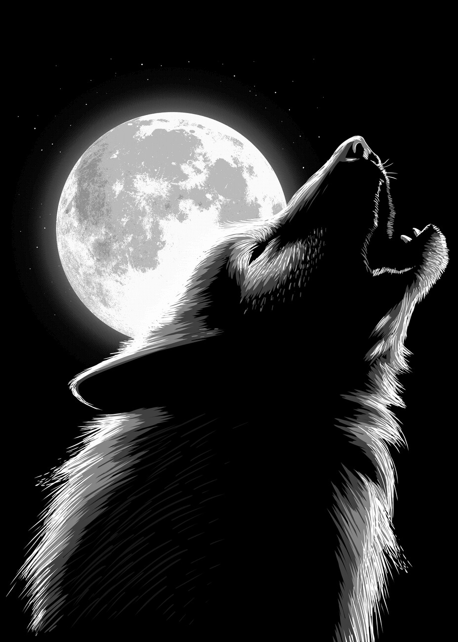 wolf howling at full moon drawing