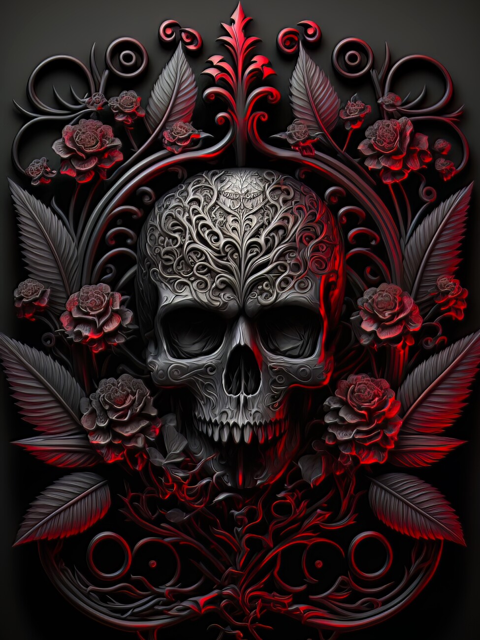 Illustration Dark Skull And Flowers