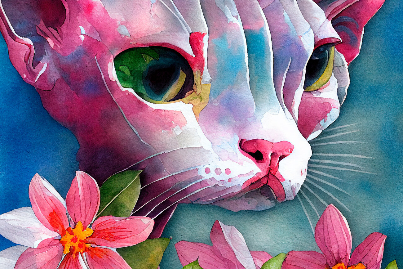 Taiteelliset kuva | Sphynx cat in flowers painted with watercolor |  Europosters