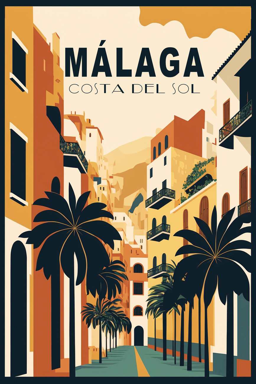 Kunstneriske illustration | Vintage poster of the city Malaga, Spain | Europosters