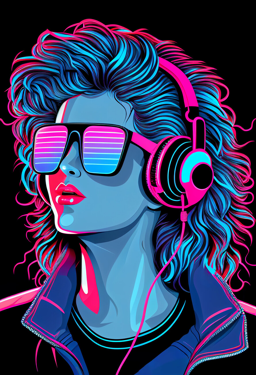 Wall Art Print, Retro Girl listening to music 80s