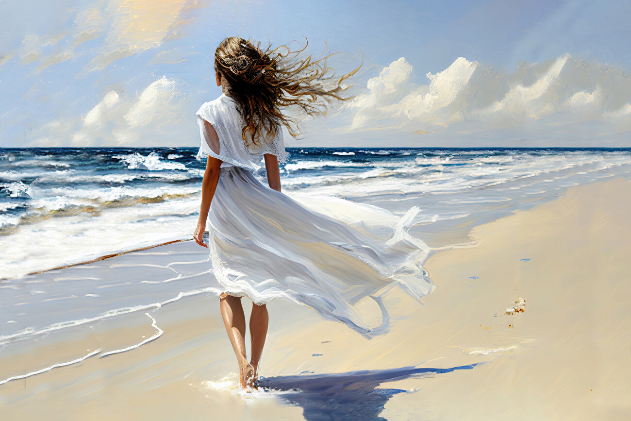 Καλλιτεχνικοί Εικονογράφηση | Woman in a white dress by the sea |  Europosters