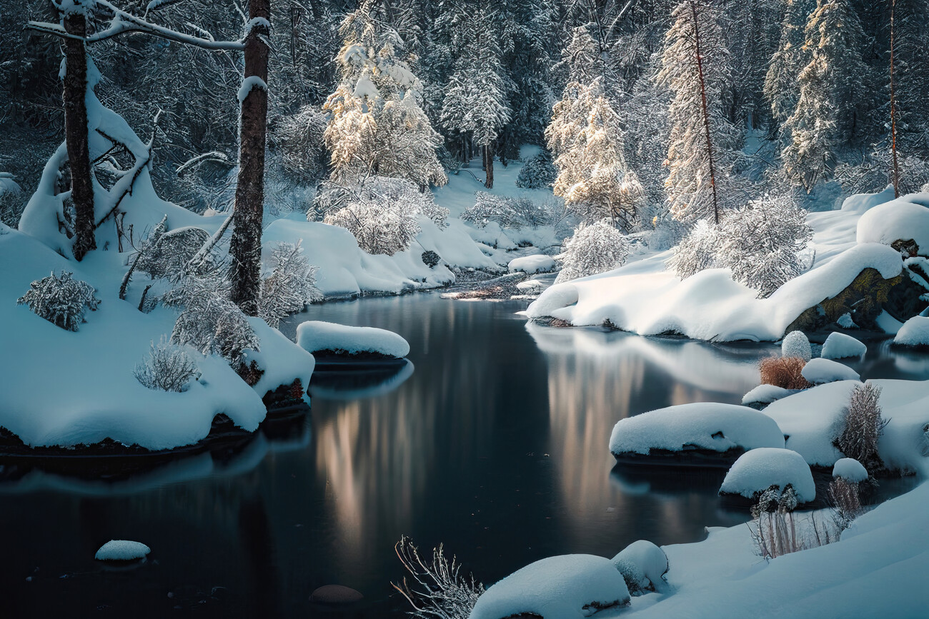 Snowy forest by a river Wall Mural | Buy online at Abposters.com