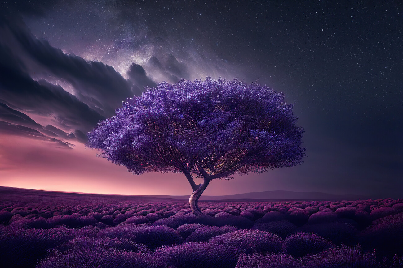 field with tree at night