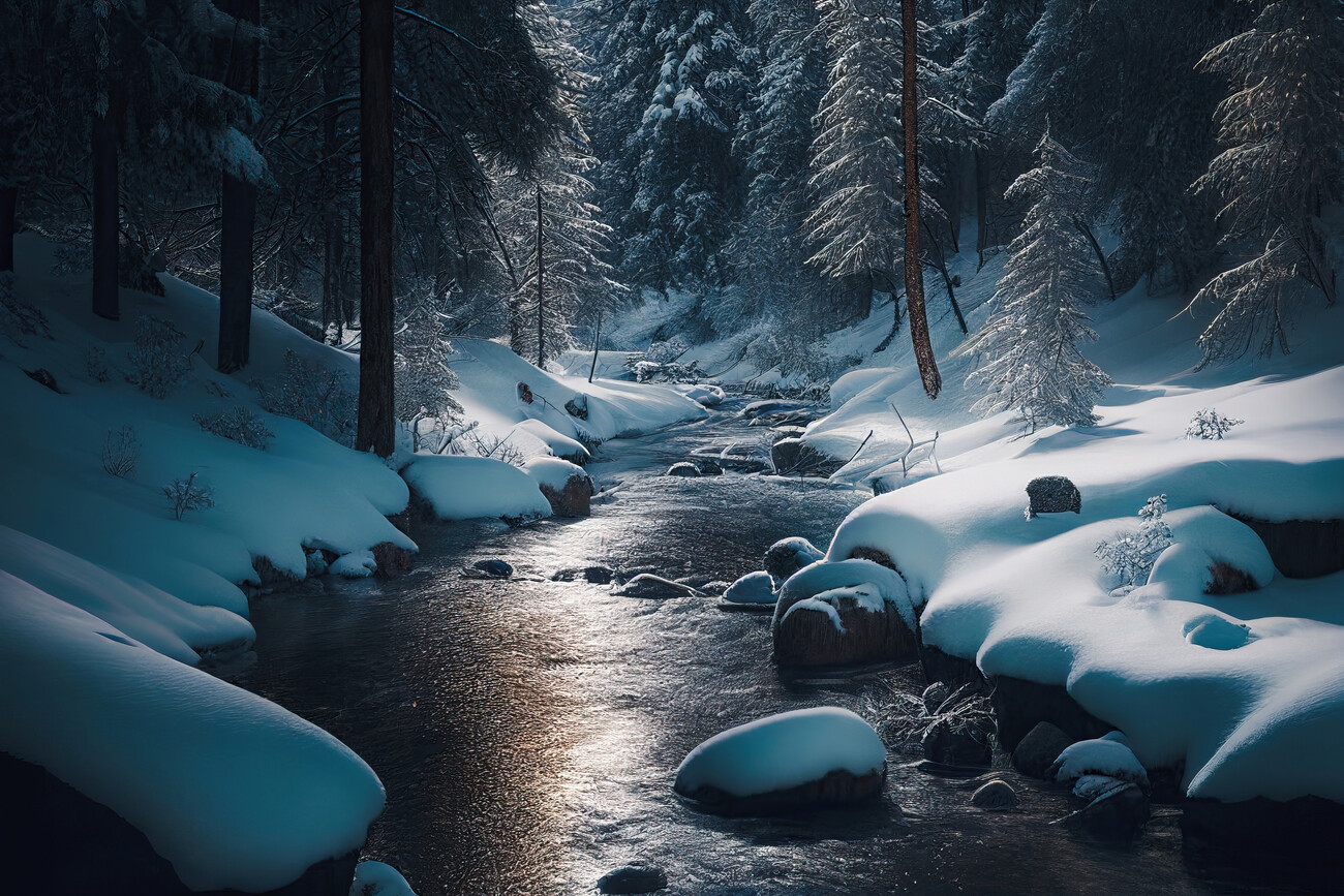 Wallpaper Mural Snowy forest by a river