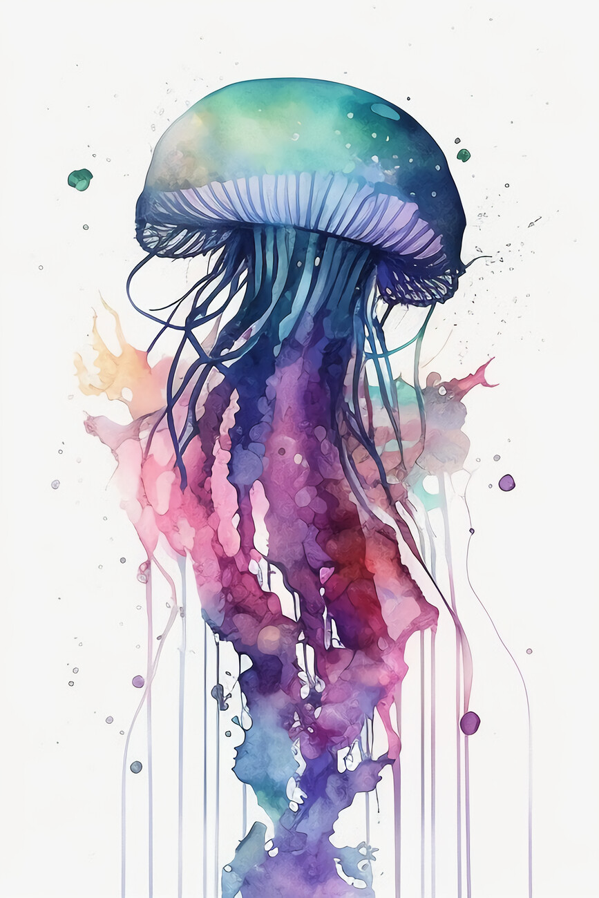 Wall Art Print, méduse L'eau Tropical Récif Vie sous-marin Océan Aquarelle