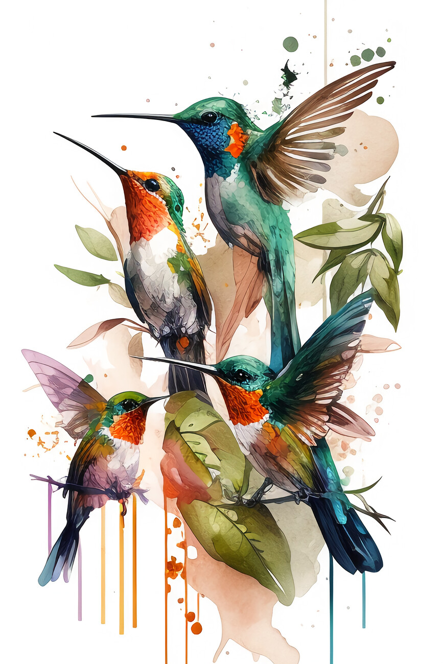 Wall Art Print, Colibris Des oiseaux Vie Doré Fleurs Voyage en avion