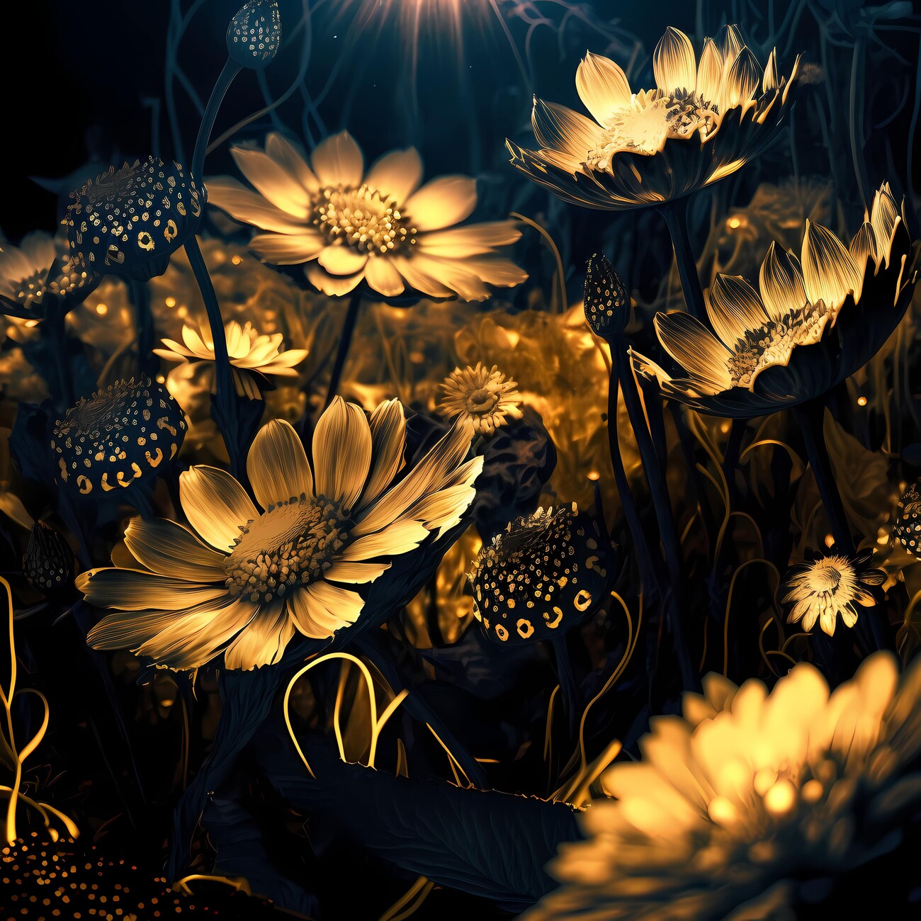 Wall Art Print, Golden flowers in moonlight