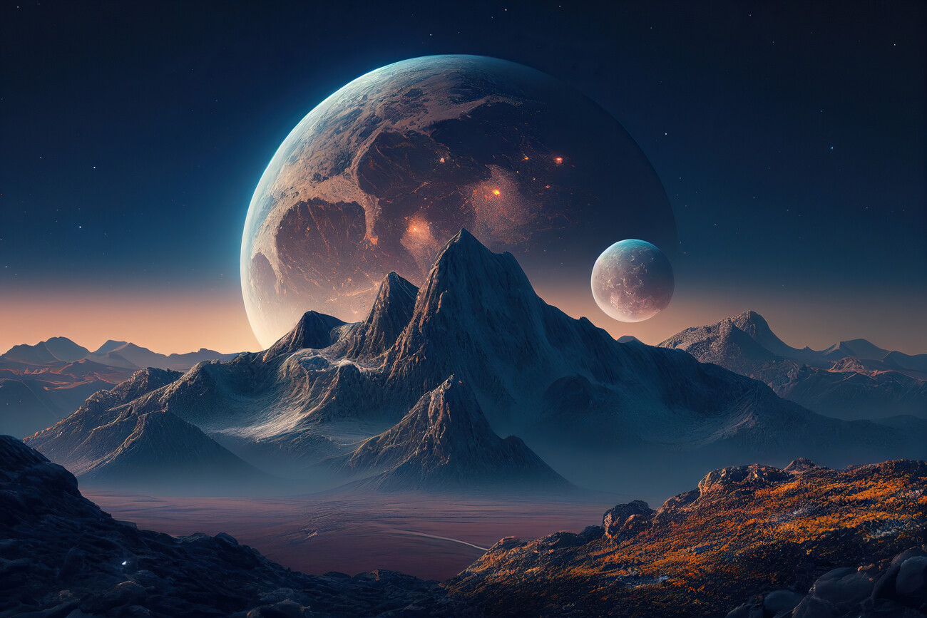 Illustration Surreal landscape of some moons over some mountains