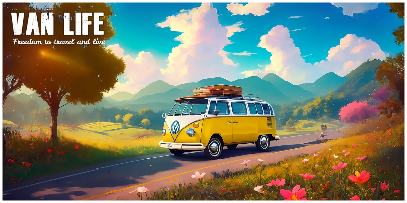 Illustrazione artistiche, VAN LIFE: Camper Hippie Surfer Peace Retro  Travel Style #2