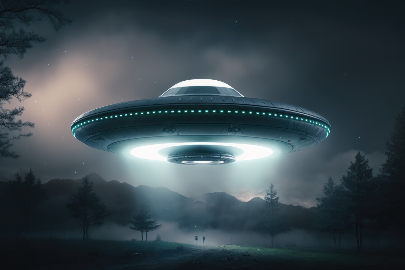 Illustration Dream about UFO or spaceship, photorealistic UFO in the sky