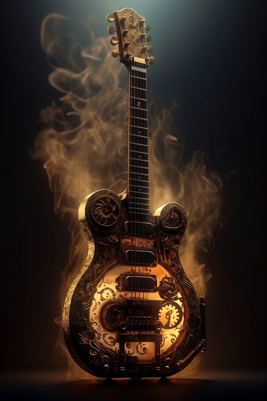 Wall Art Print  An epic steampunk guitar with smoke and fire