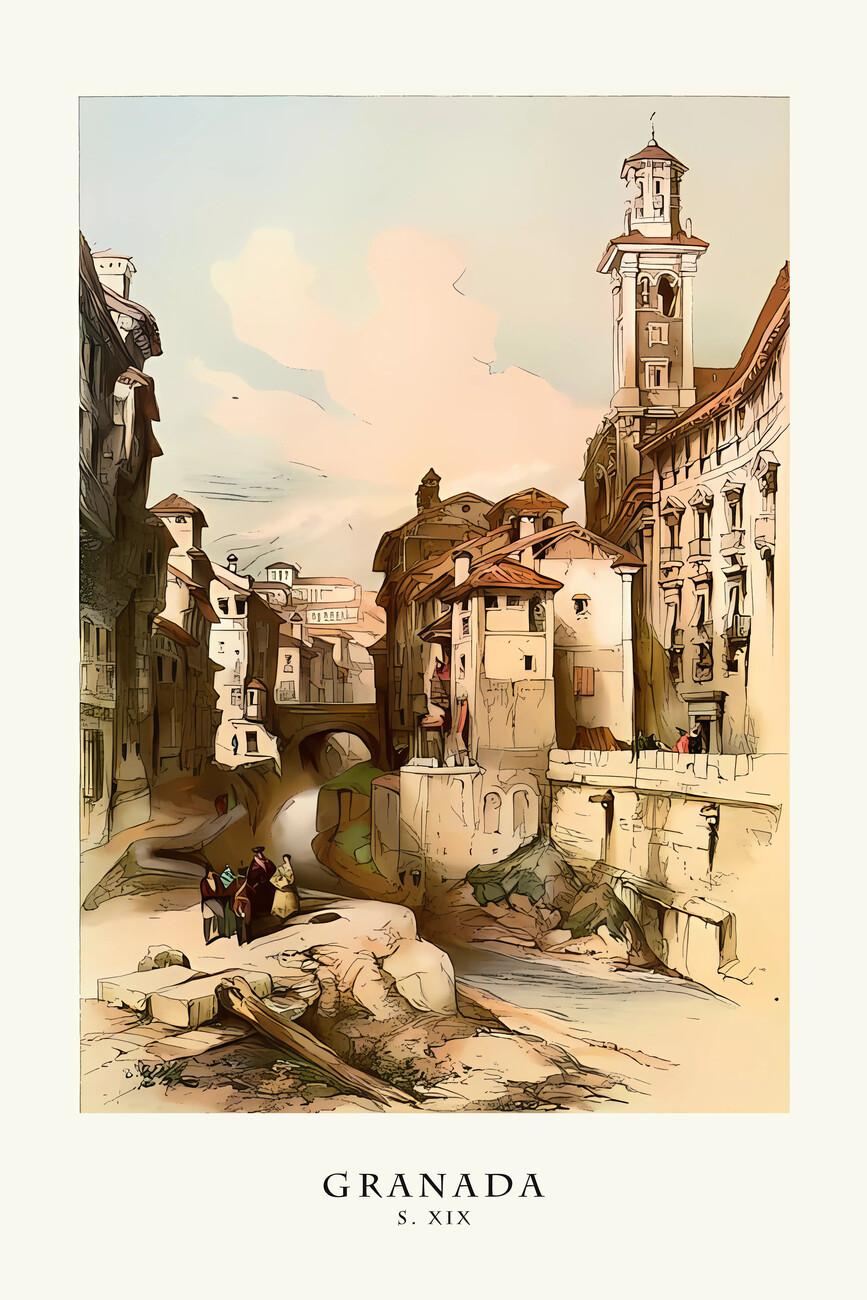 Wall Art Print, GRANADA City /Spain: #2 Romantic Old Scenes: Drawing S.XIX
