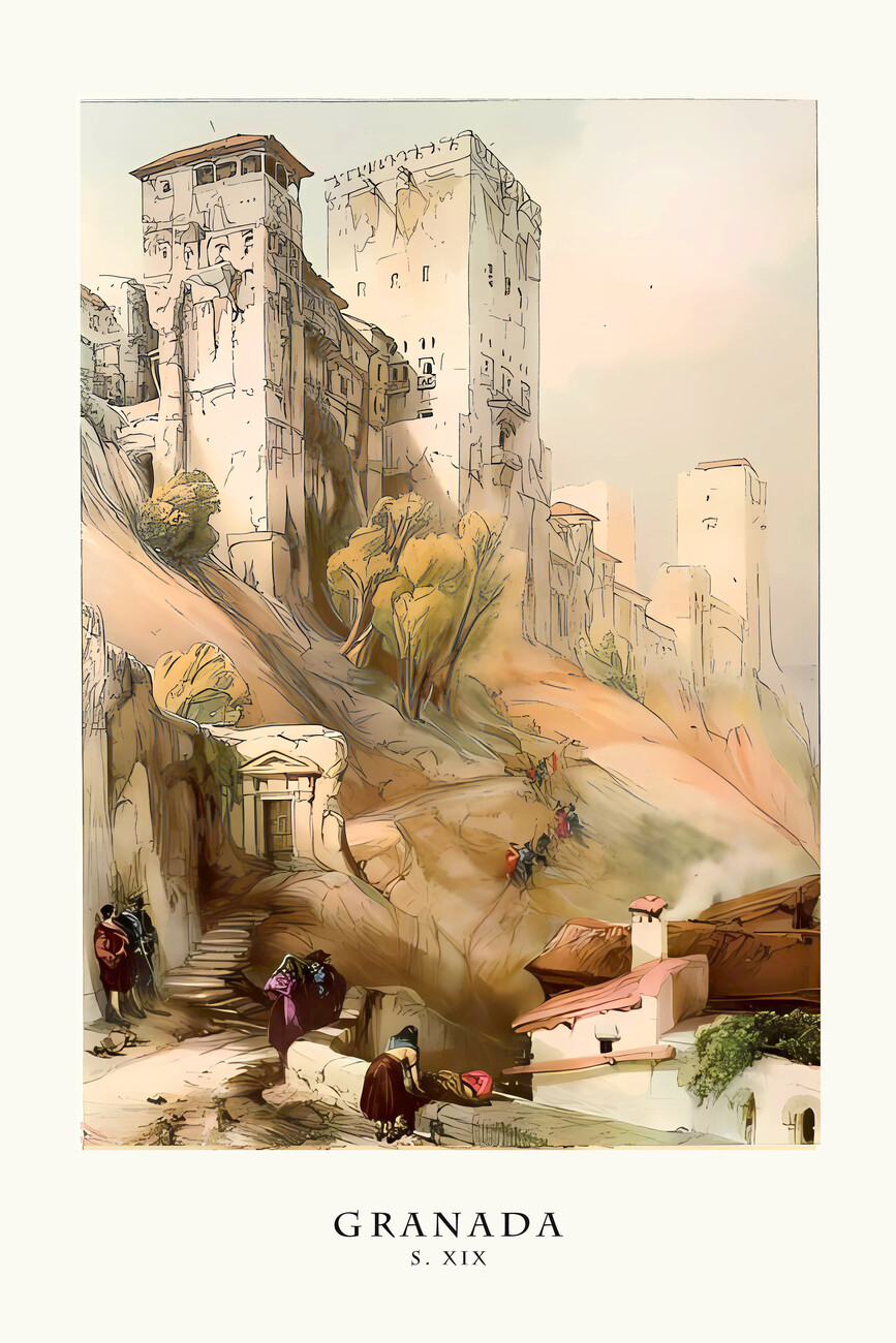 Wall Art Print, GRANADA City /Spain: #2 Romantic Old Scenes: Drawing S.XIX