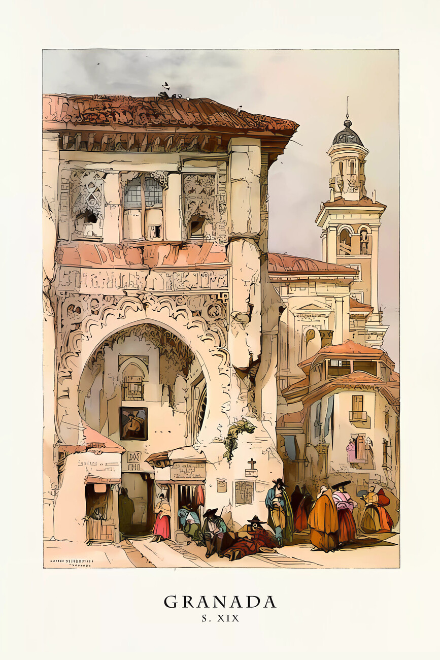 Wall Art Print, GRANADA City /Spain: #2 Romantic Old Scenes: Drawing S.XIX