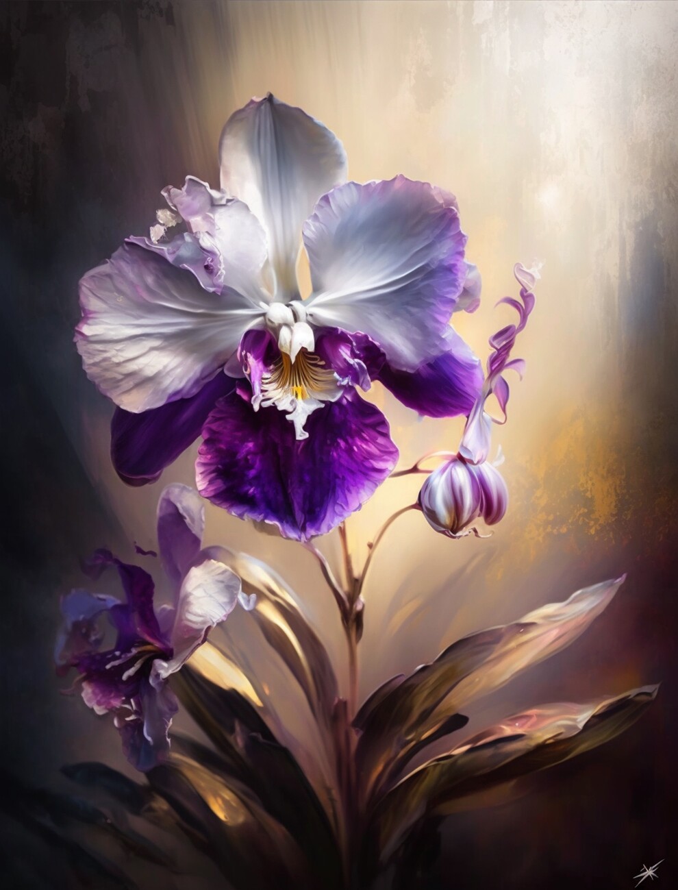 Illustrazione artistiche, Purple and white orchid oil painting