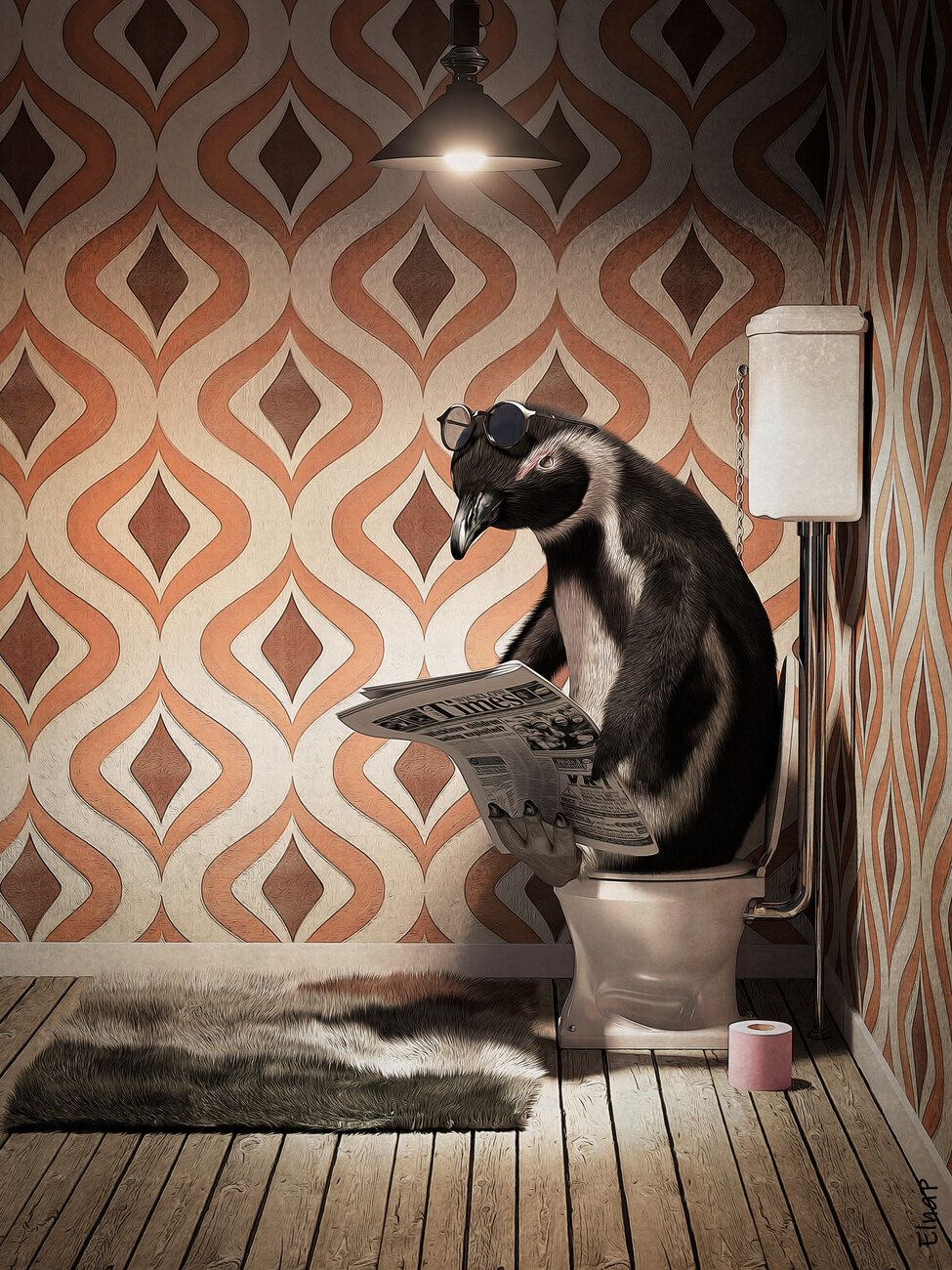 Doorzichtig Gevoelig heldin Artistieke ilustratie | Penguin on Toilet, Funny Animal Wall Art, Animal on  Vintage | Europosters