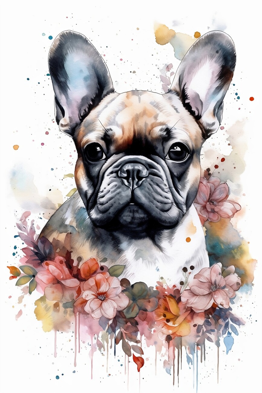 Illustration French bulldog with flowers, watercolor vintage