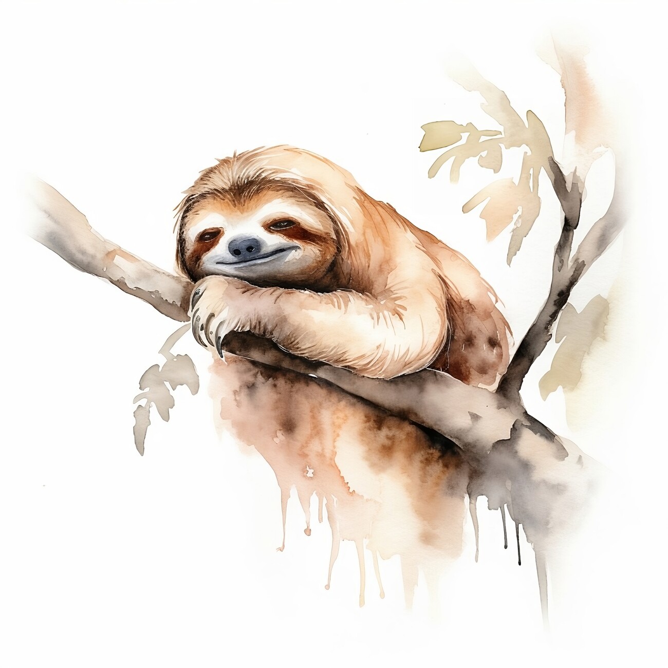 Ilustrace Sloth sleeping on branch, watercolor illustration