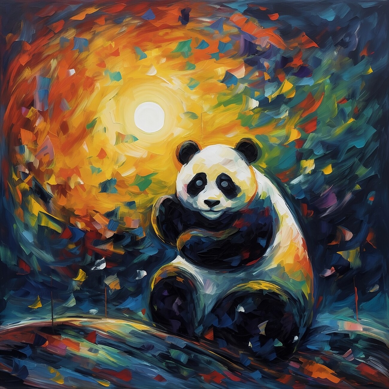 Ilustrace Panda looking at the moon in a starry night sky.