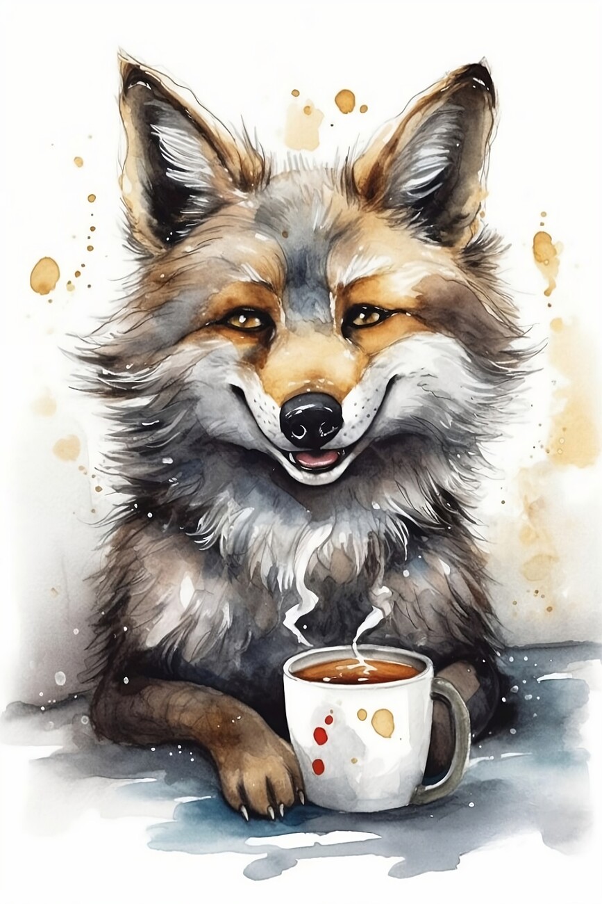 Wall Art Print | Cute smiling Wolf drinking coffee | UKposters